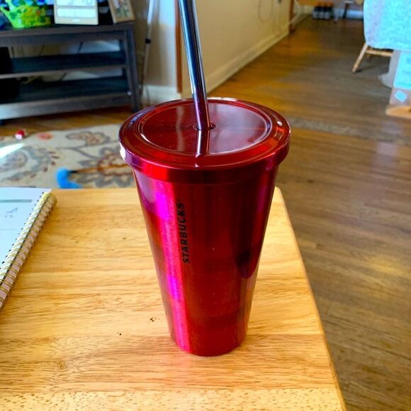 Starbucks Holiday 2014 Stainless Steel Tumblr Water Bottle Ruby Red Pink Stripe - Picture 4 of 5